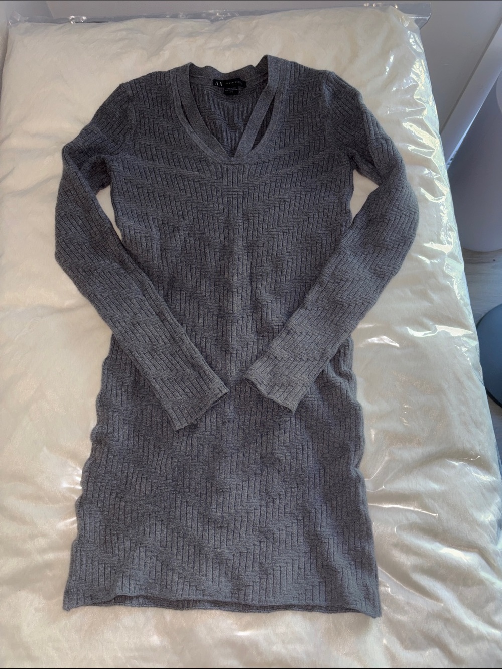 A/X Armani Exchange Charcoal Gray V-Neck Ribbed Knit Long Sleeve Dress